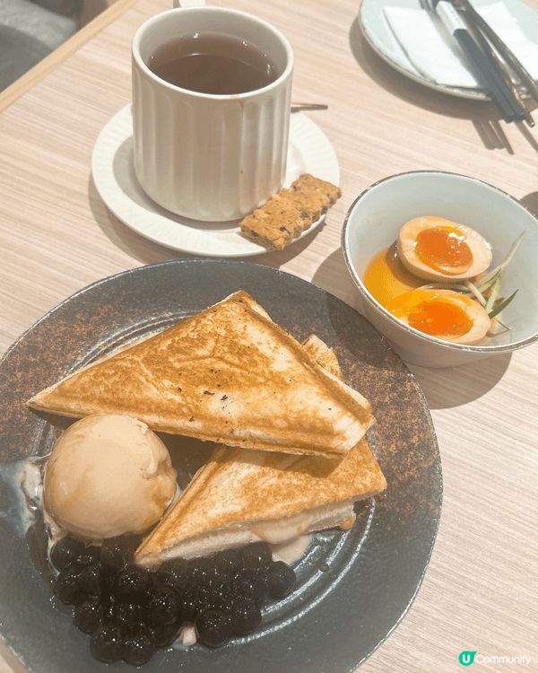 茶木 芋泥芝士熱壓吐司 自家製黑糖珍珠奶茶雪糕