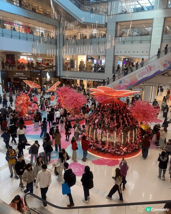 沙田新城市廣場的節日氣氛濃厚，打卡裝飾花團錦簇，遊人眾多，熱...