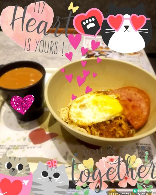 南記粉麵~「撈午餐肉熟煎雞蛋撈麵」配熱奶茶