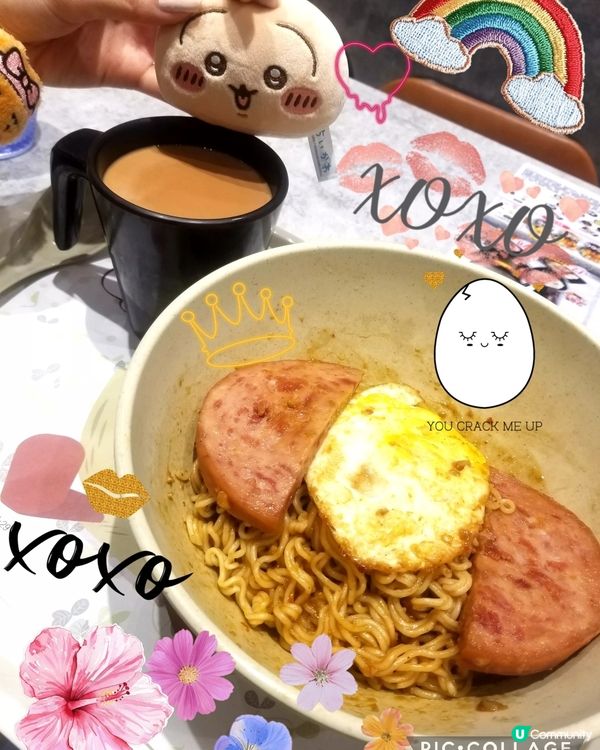 南記粉麵~「撈午餐肉熟煎雞蛋撈麵」配熱奶茶