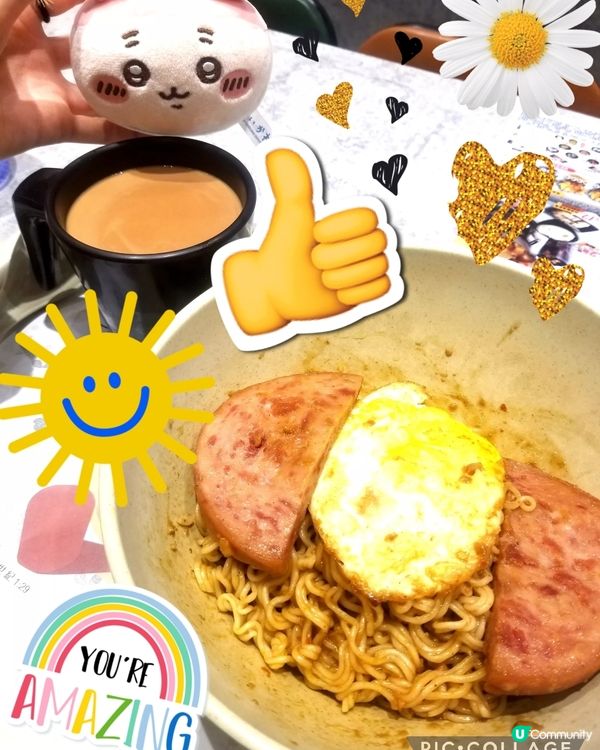 南記粉麵~「撈午餐肉熟煎雞蛋撈麵」配熱奶茶