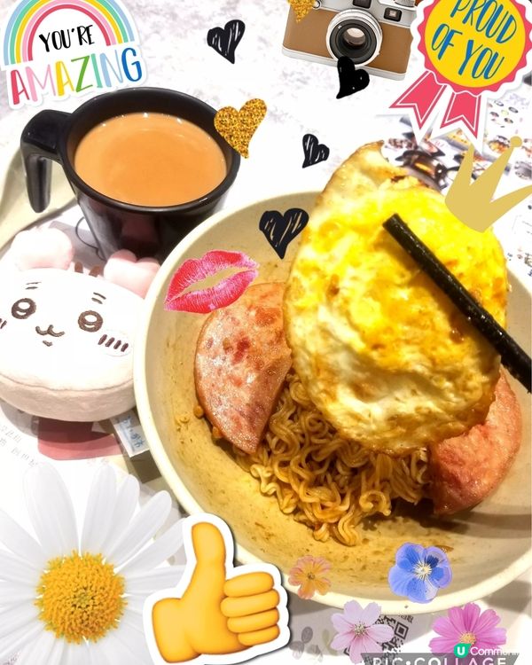 南記粉麵~「撈午餐肉熟煎雞蛋撈麵」配熱奶茶