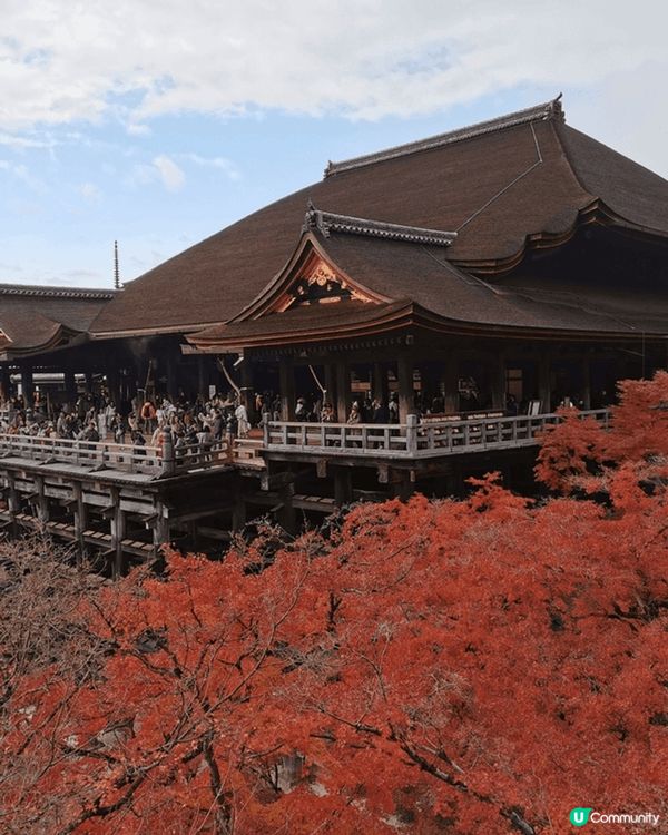 京都清水寺座落於音羽山之上，秋季正值紅葉季，與周圍茂密的紅葉...