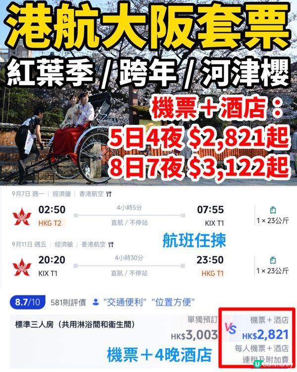香港航空機票連酒店$2800起