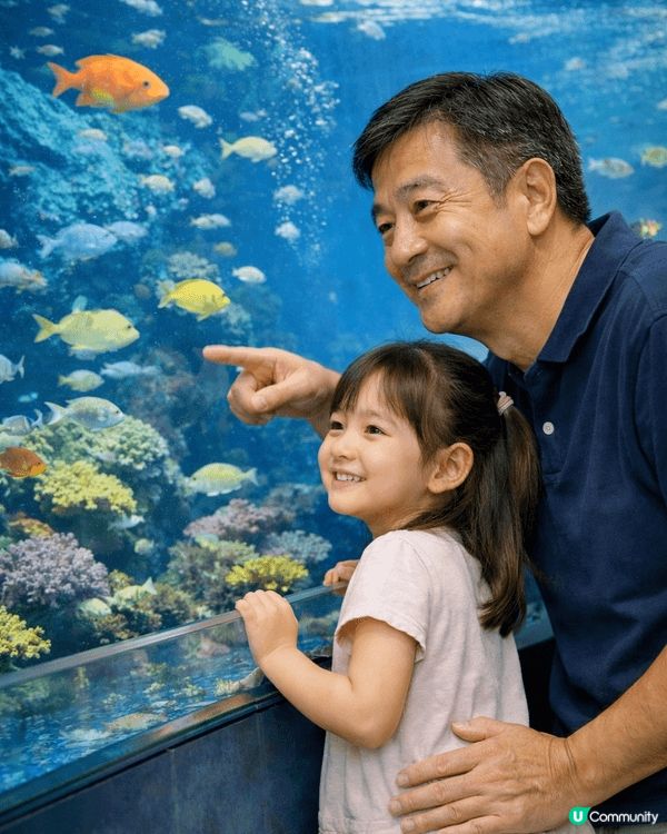 我五歲那年爸爸帶我去海洋公園玩。進門時，我興奮得跳起來，拉著...