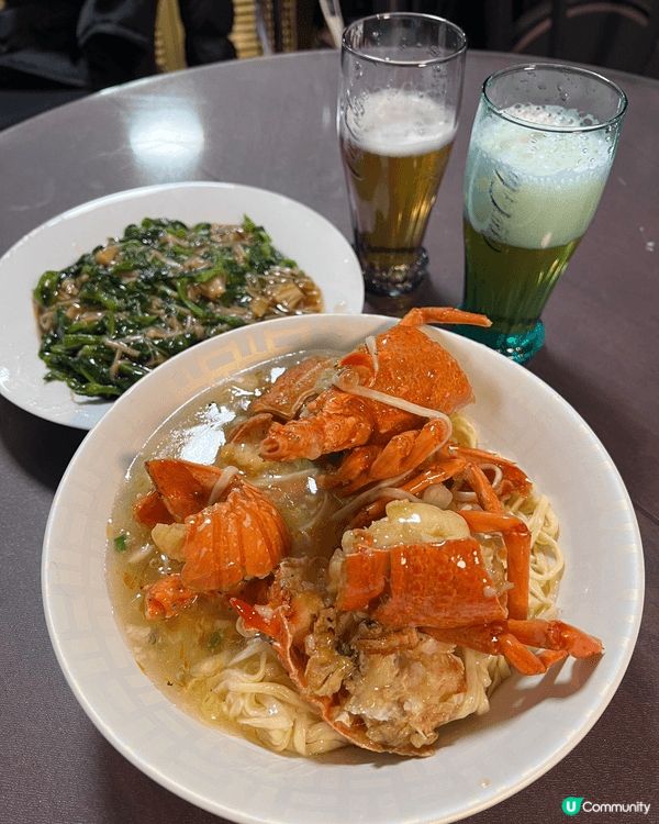 帶子炒西蘭花，龍蝦伊麵，手撕雞