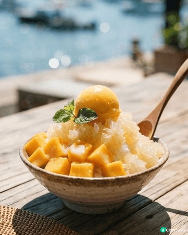 這張相片展示了香港西貢的臨海露天餐廳。正坐在木質餐桌旁享用一...