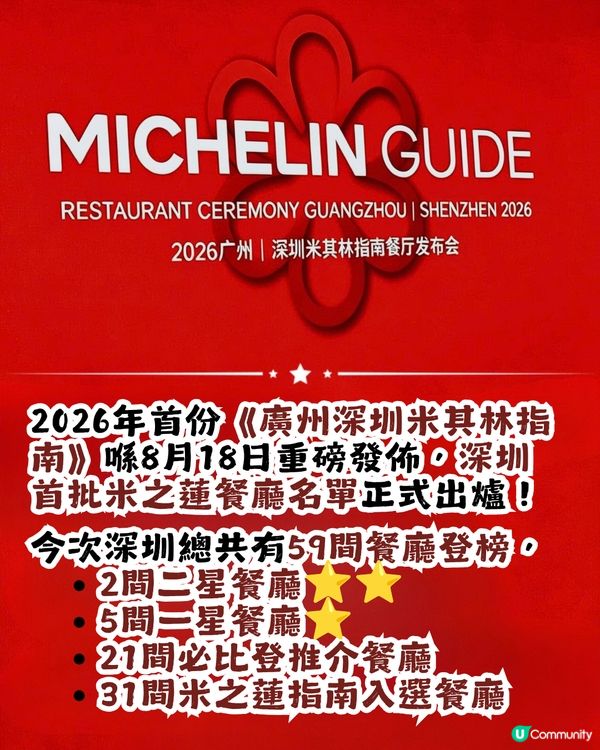 2026深圳米之蓮餐廳名單出爐🎉2間二星+5間一星！附詳細地址