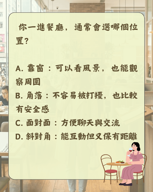 比MBTI更即時❗️入餐廳揀位反映社交人格😮🍴「選1位置」代表你缺乏安全感🪑