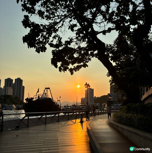 黃昏海濱公園,行人路上隨影