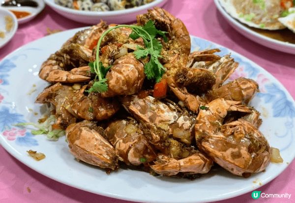 流浮山 明記海鮮酒家 豉油王蝦 豉汁帶子炒米粉底 酥炸生蠔，...