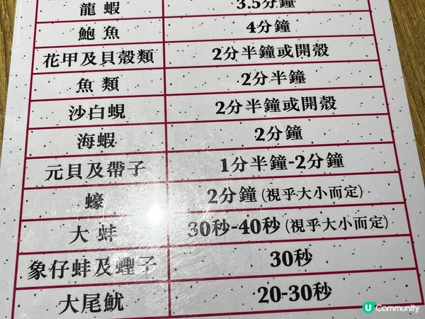 餐廳很細心， 列印了海鮮類的煮食時間給食客參考， 不會令海鮮...